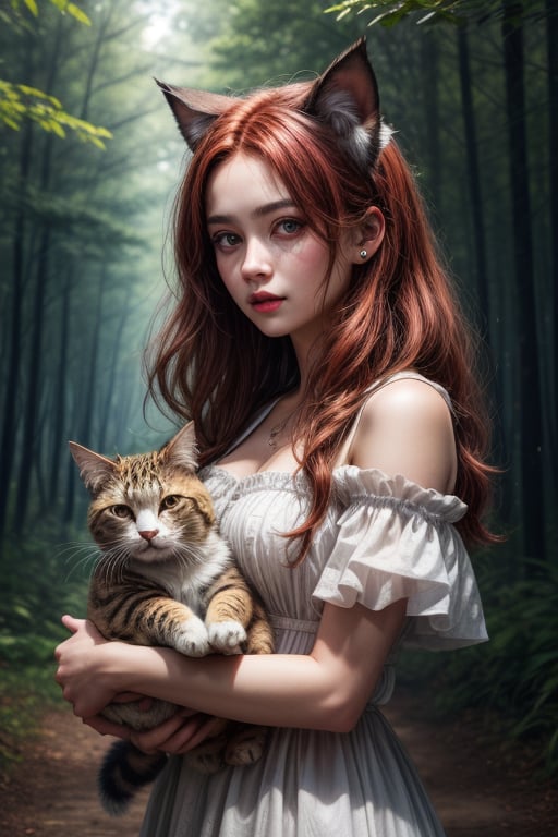 best quality, detailed face, full figure, a half-hybrid girl holding a cat, she has ears like a cat and a tail like a cat, the rest of her body is human, she has beautiful red hair, a beautiful symmetrical face with an innocent cut, she is in the forest, she has beautiful black eyes, she is with other animals, glowing particle,
symmetrical, vibrant, style artwork, highly detailed CG, 8k wallpaper, beautiful face, full scene, full body shape, high_res, blue and white dress,