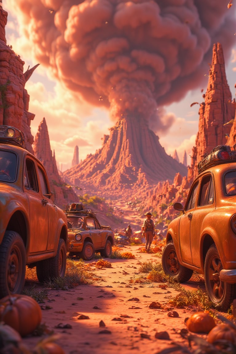 3d cartoon art Illustrate A post-apocalyptic desert landscape, with rusted vehicles half-buried in the sand, a massive sandstorm approaching in the distance, and survivors scavenging for supplies.