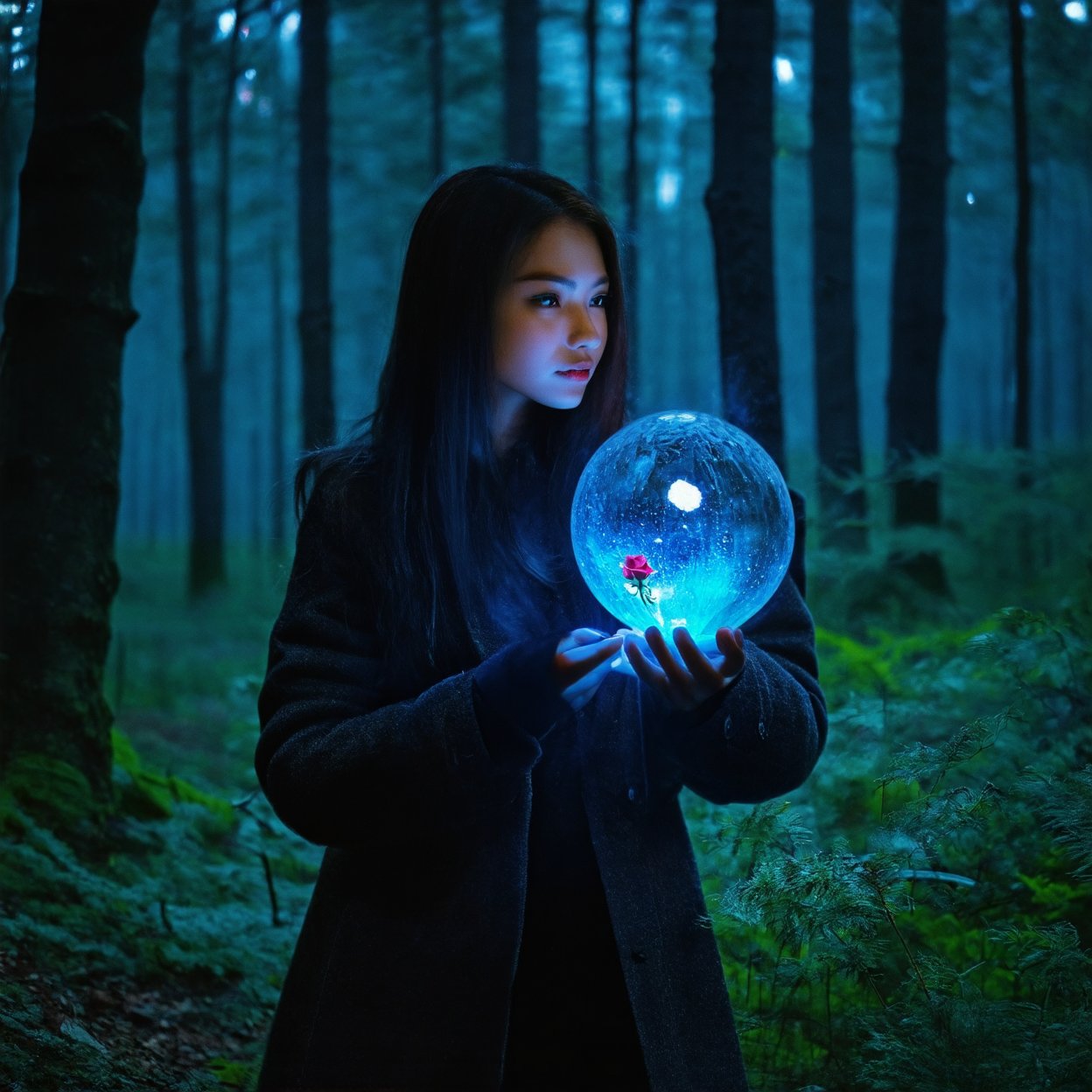 masterpiece, best quality, high detailed, Extremely Realistic, beautiful malay girl wearing a coat standing looking at the (((Raw shiny glowing blue crystal with red rose inside orb in hand))) mist and crystal scatter around in magical forest at dark night, high_res mist, foreground mist, cinematic, moviemaker style, masterpiece, dramatic, best quality, Detailed and ultra realistic, sharp focus, studio lighting, High resolution, High detail, remarkable color,
