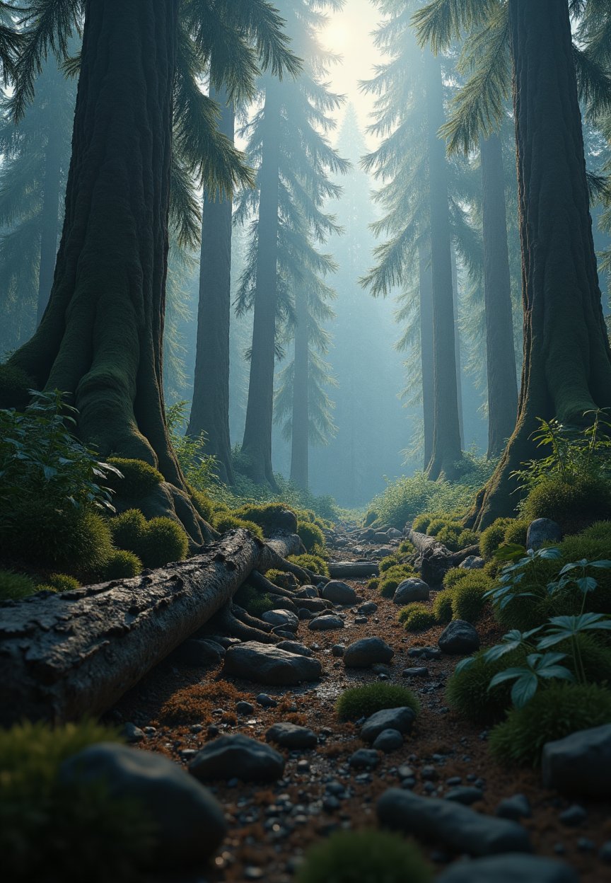 In a breathtaking ultra-realism close up image of dim lits deep inside jungle enviroment, tall trees, bushy, old rooten fallen log,. ultra-realism details,Imp'roveBG