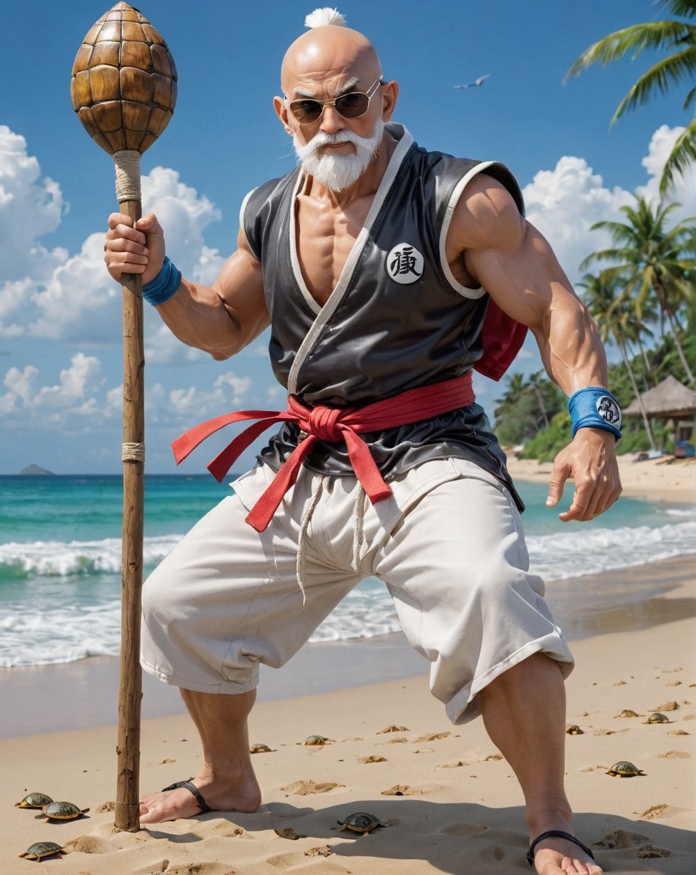 Full_body, Realistic photo of Master Roshi, Reference anime Dragon Ball, He wearing a ((casual holiday beach clothes)), ((white short pant and wearing)) a (((Turtle Shell on his back))). He usually holding a turtle wizard wooden stick. fighting pose, futuristic background, highly detailed, high resolution, intricate details, action_pose, kung fu stance, best quality, masterpiece, , MikieHara,ABMavatar, anime,cyberpunk style, 