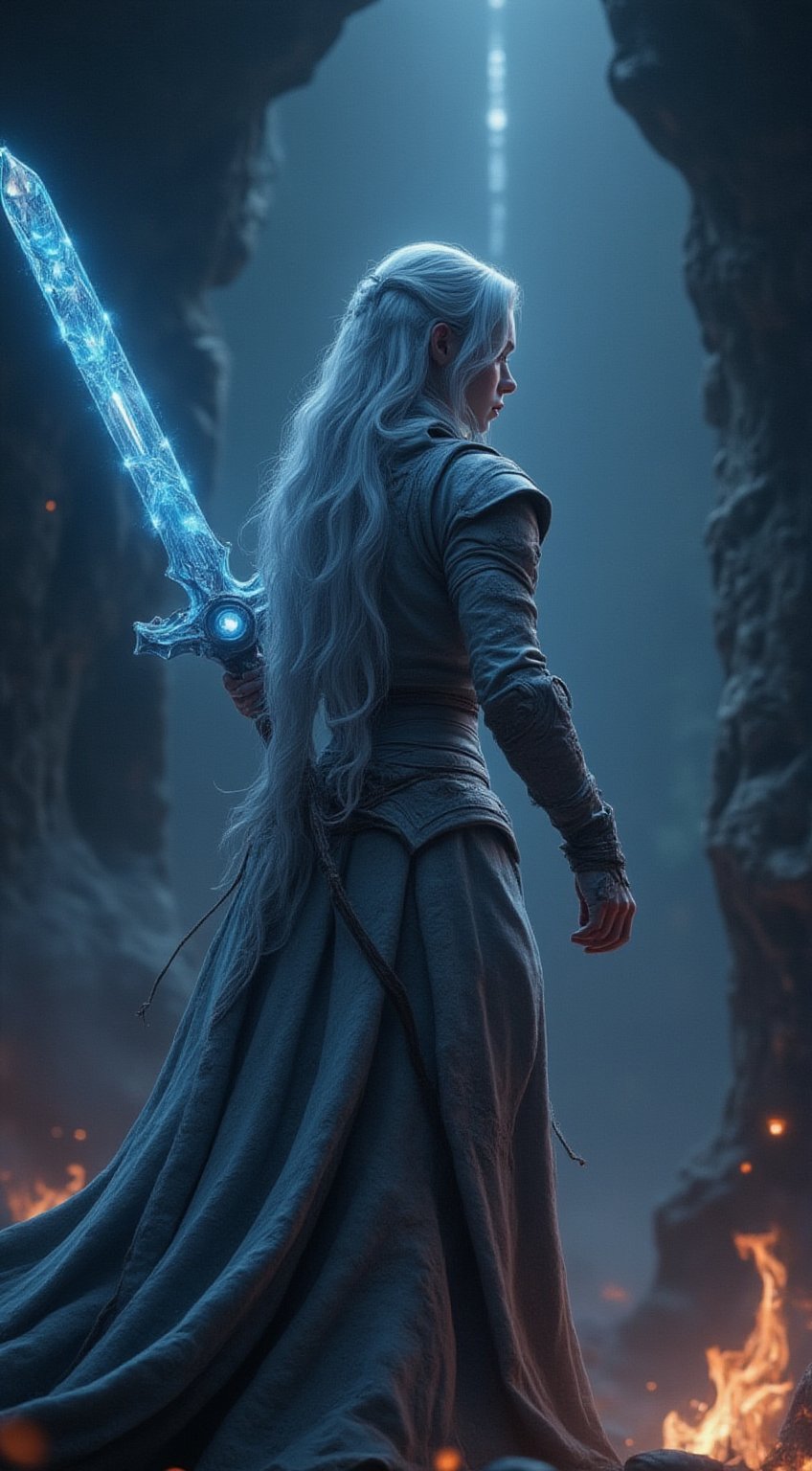 A majestic silver-haired warrior stands victorious in a dynamic pose, her radiant locks cascading down her back like a river of moonlight. In her hand, she wields a shimmering transparent glass-crystal sword that glows with an ethereal light, its delicate facets refracting the surrounding illumination into a kaleidoscope of colors. The framing is tight, focusing attention on the warrior's powerful stance and glowing weapon, set against a dark or misty backdrop to emphasize her heroic presence.Imp'roveBG,FluxBoost,Silver hair,Crystal Sword,