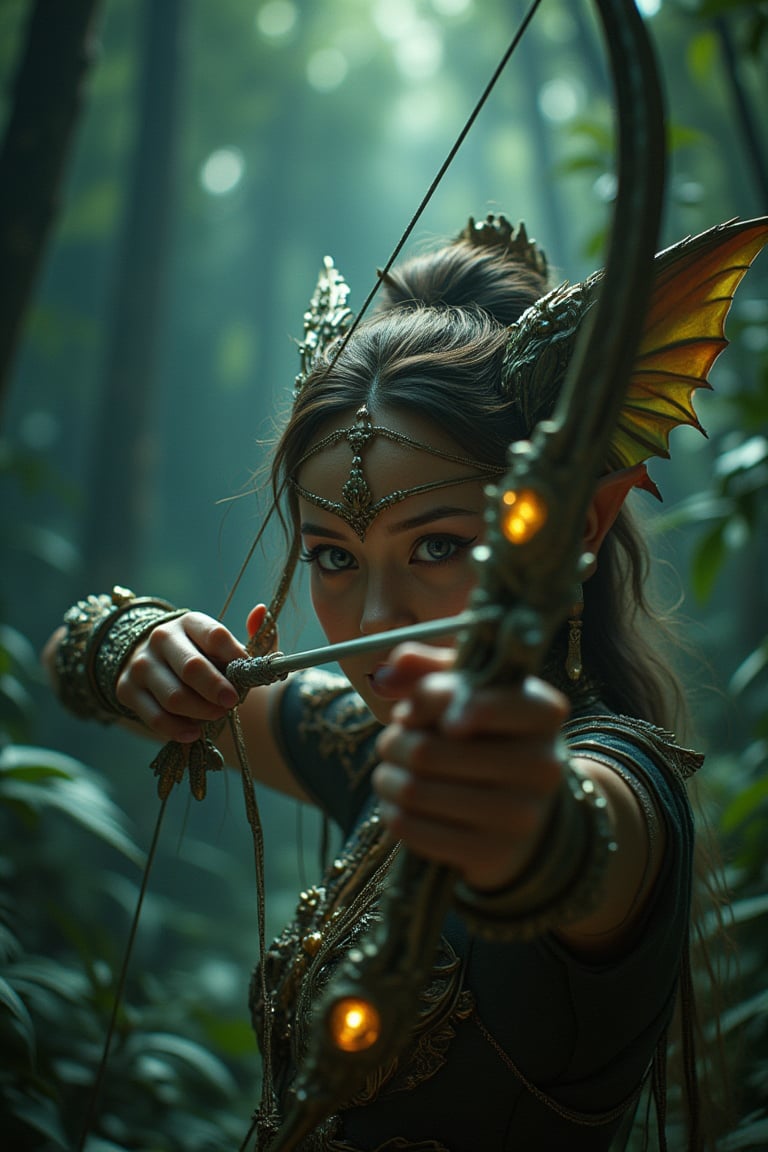 In a cinematic close-up, the camera captures the majestic elf archer from a low-angle shot, surrounded by the lush, vibrant foliage of a dark and mystical tropical jungle. The subject's face is rendered in exquisite detail, with a beauty that borders on perfection. Her eyes gleam like polished gemstones as she holds her majestic crystal bow, adorned with intricate glasswork and glowing with an ethereal light. In the background, the jungle's secrets unfold with crisp textures, sharp focus, and crystal-clear clarity, immersing the viewer in a world of fantasy and wonder.