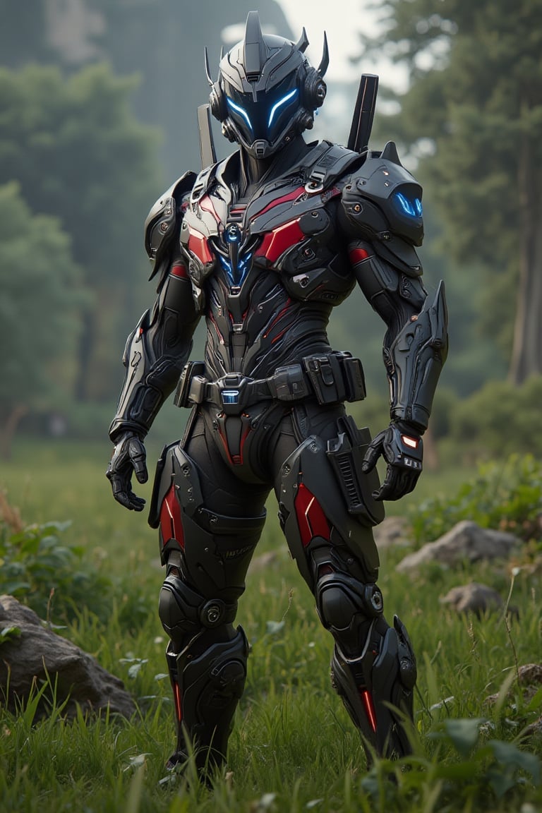 A man stands tall in a lush green grassy field, surrounded by the futuristic fusion of matte black carbon fibre and metallic red with white accents, as neon blue lights emanate from his cybernatic armour suit. The symmetrical form of the GVA Armour Suit is inspired by Genji's Overwatch design, complete with a high-tech short ear antenna. The subject's pose exudes confidence, with the rule of thirds applied to balance the composition.