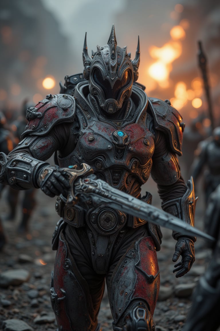 A gritty, atmospheric shot of a lone Space Marine warrior, clad in his iconic power armor, locked in a fierce battle against an army of twisted, otherworldly aliens on the ravaged surface of Xeridia-IV. The worn, crimson-stained armor is illuminated by the flickering light of nearby explosions and the distant glow of a dying star, as the Space Marine's power sword slices through the alien horde with precision and deadly intent.