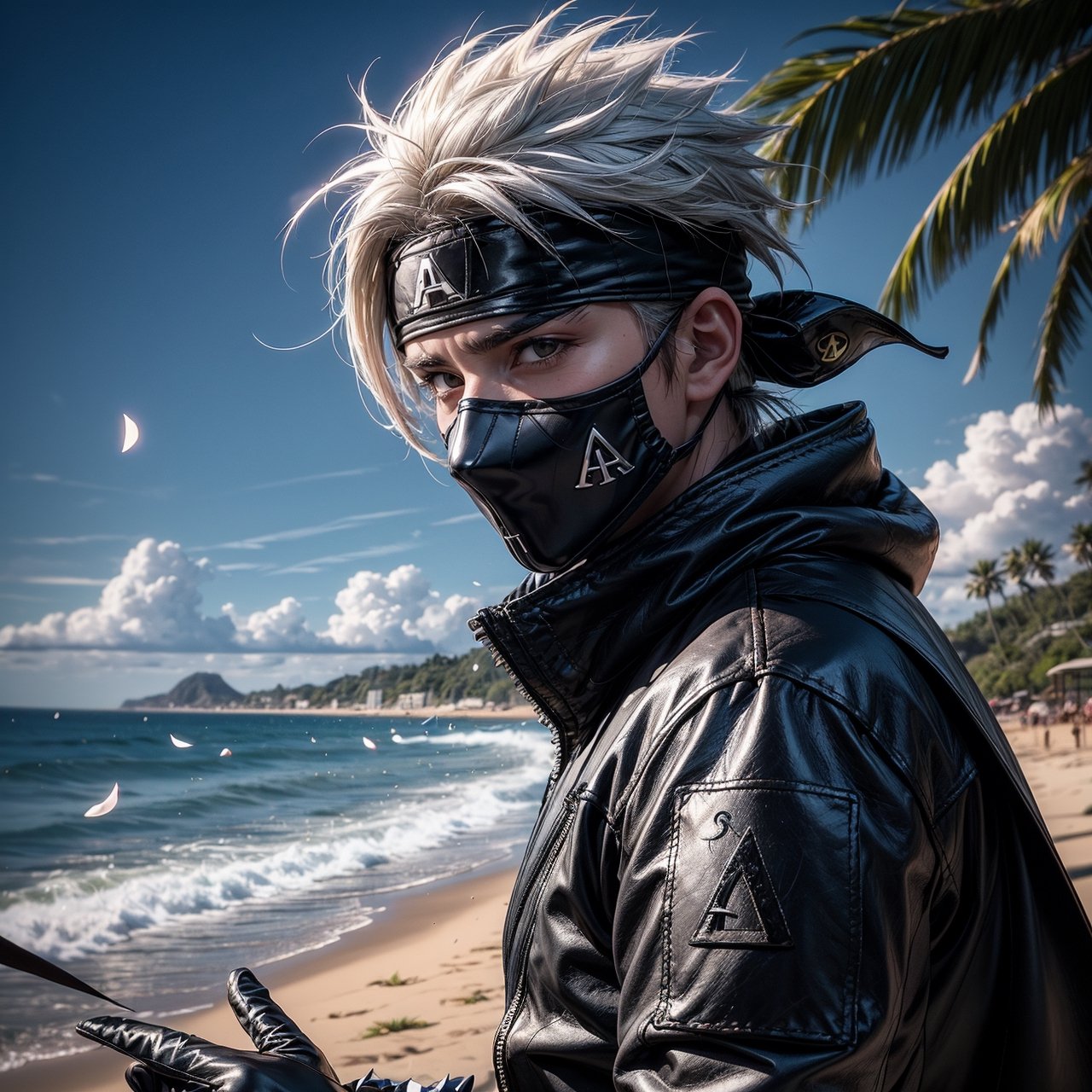 (masterpiece), 1man, spiky hair, white hair, wearing bodyfit tactical ninja flak jacket, leather tactical ninja full mouth mask, leather gloves, and his (((tactical headband with a letter ("A") symbol))), scenery, (at beach background), flying flowers petals, sparkle, Kakashi Hatake