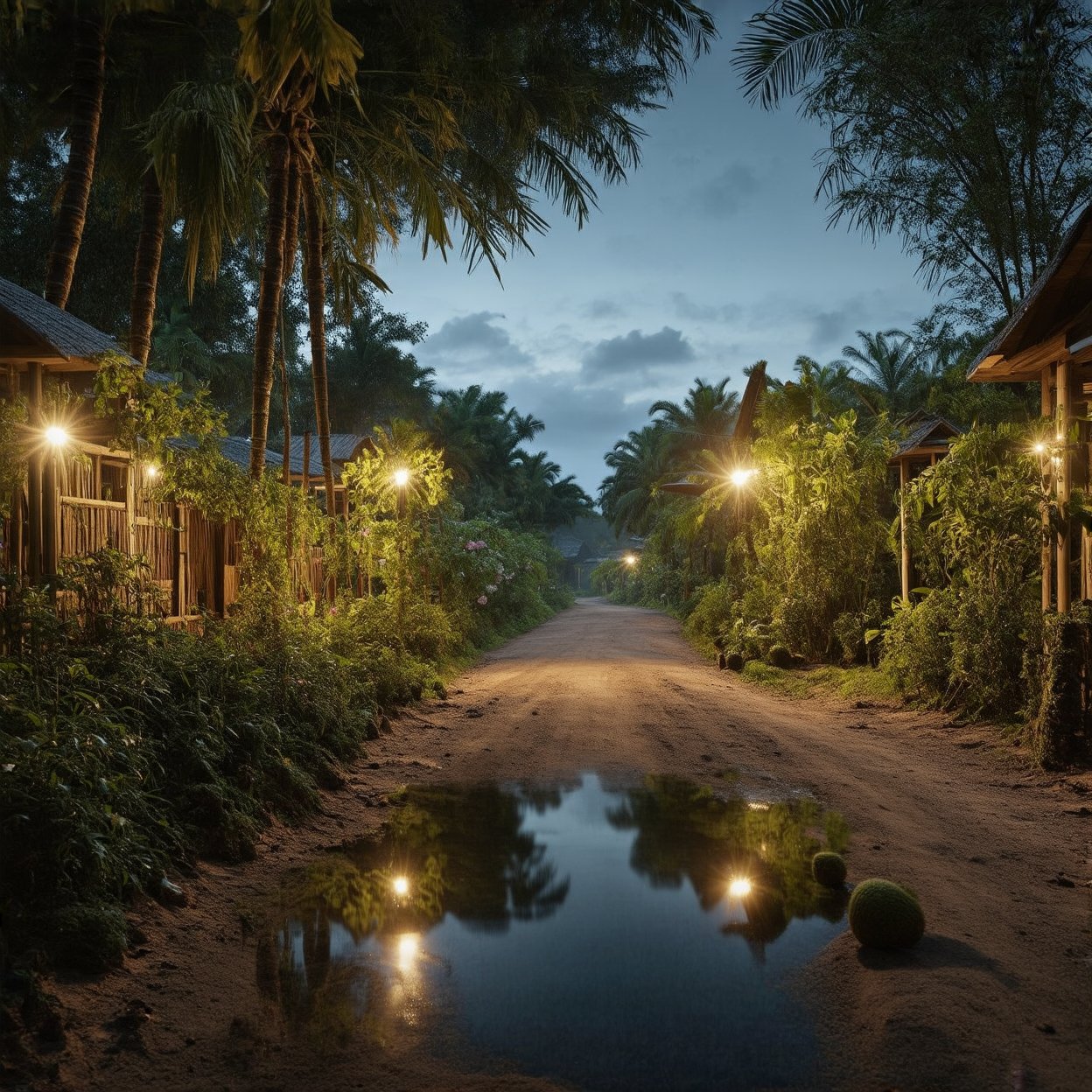 A super ultra clear HD HDR hyper-realistic and hyper-detailed photography, low angle shot a miniature style of a detailed miniature malay tradisional wooden village houses, a miniature plants and bush, coconut trees, dirt road, tiki bamboo fance with miniature flowers. cinematic, hyper-realistic, enhanced reflections,  fading light, megapixel cinematic lighting, anti-aliasing, vignette, film grain, SFX, VFX, CGI, RTX, SSAO, FKAA, TXAA, HD HDR, depth of detail, rendered with octane render for realistic lighting and shadow, no blurry, with 12 billion parameters for clarity, texture, and detail.  hyperrealistic,
