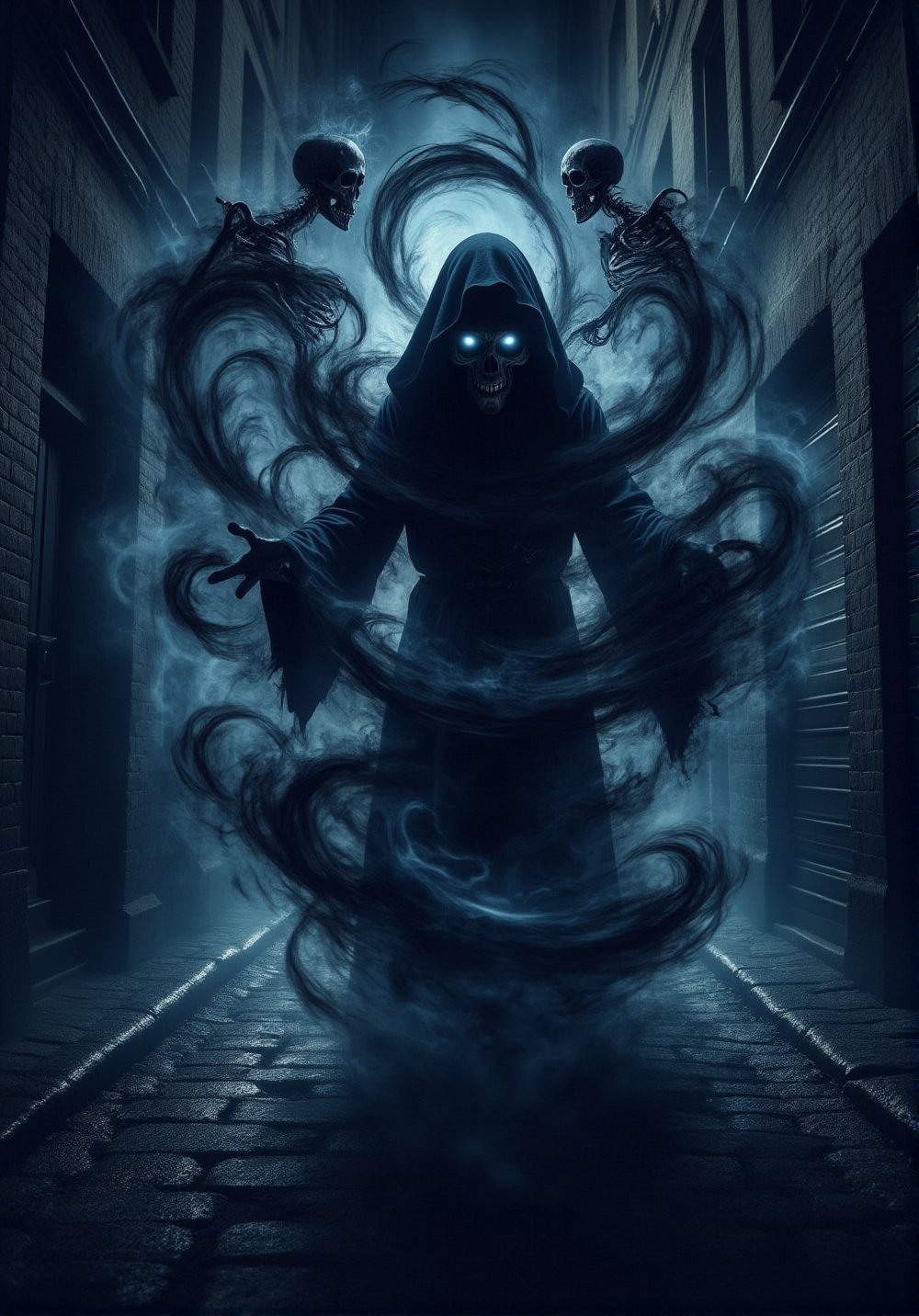 A dark alleyway at midnight, a lone figure shrouded in shadows, eyes aglow with an otherworldly intensity as they conjure forth a swirling vortex of darkness. The sorcerer's robes billow behind them like smoke, as if fueled by the very essence of night itself. Shadowy tendrils writhe and twist, taking form as skeletal constructs that dance at their command, while the air thickens with an aura of foreboding, as if the night itself has become a tangible entity., DarkAura