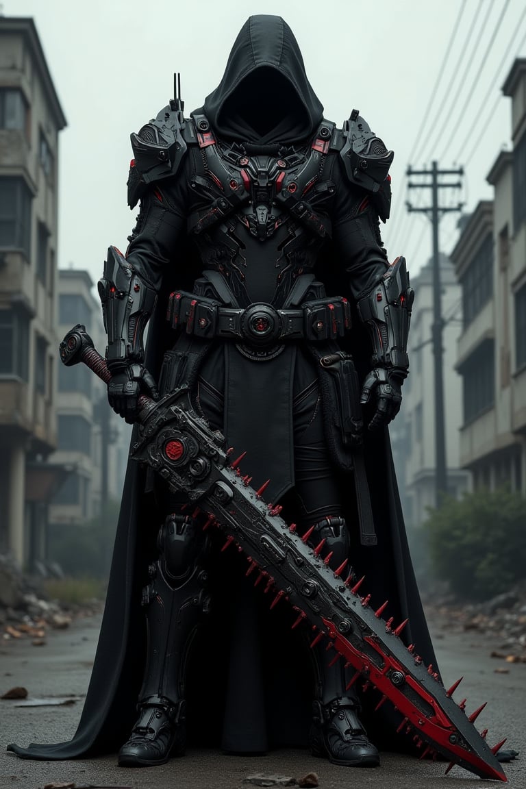 A dark , imposing figure clad in a black, hooded cloak stands in a dystopian urban environment, (((wielding an enormous, highly detailed mechanical massive chainsaw-like sword with red accents covered in intricate mechanical parts, gears, and spikes, giving it a menacing appearance))). (((The figure's face is obscured by the hood))), adding to the mysterious and intimidating presence. The background features dilapidated buildings and power lines, under a gray, overcast sky, enhancing the bleak and industrial atmosphere of the scene. The overall image exudes a sense of power, danger, and post-apocalyptic readiness. ultra-realistic, ultra-detailed,
,F-GVA Armour Suit