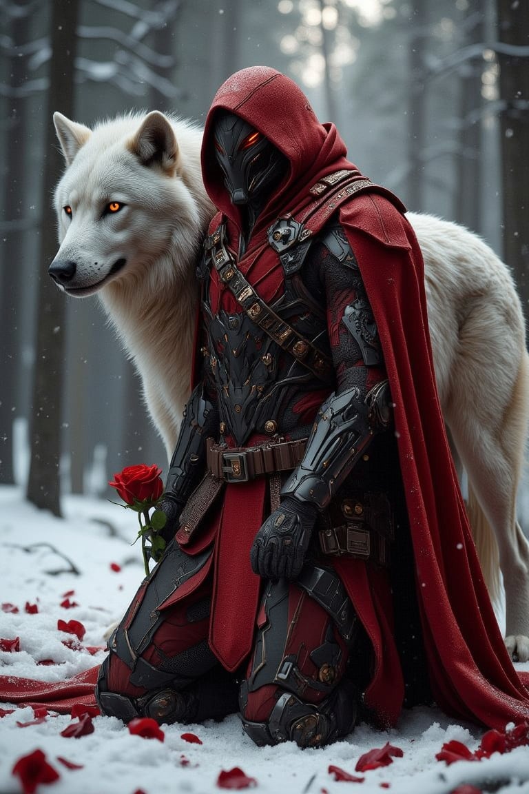 A crimson-clad knight, hood and cape billowing, kneels upon a snowy canvas scattered with rose petals. A majestic white wolf stands beside him, its piercing gaze mirroring the knight's own intense focus. (((The knight's red and silver attire, adorned with gleaming skulls))), seems to absorb the soft forest glow at his back. His black mask and finely detailed face appear as if chiseled from dark stone. the knight (((holding a red rose in hand))). The (((digital painting illustration))) captures a cinematic moment, as the knight's powerful pose commands attention amidst the serene winter wonderland. close-up, low-angle shot, dynamic pose, F-GVA Armour Suit,Fantasy detailers