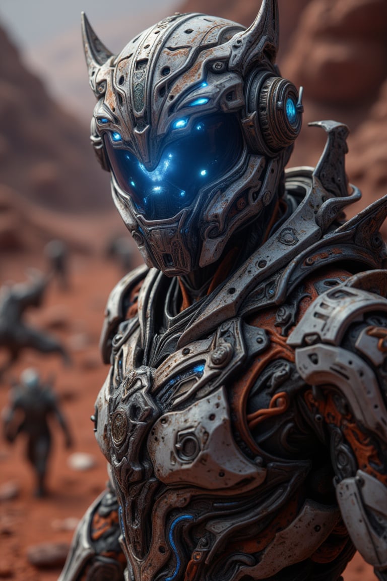 A close-up shot of a valiant space marine in advanced combat armor, his helmet's visor gleaming with intense blue lighting, as he fiercely battles extraterrestrial beasts on a desolate, crimson-hued planet terrain. The armored figure's determined expression and dynamic pose convey unwavering courage amidst the chaos.