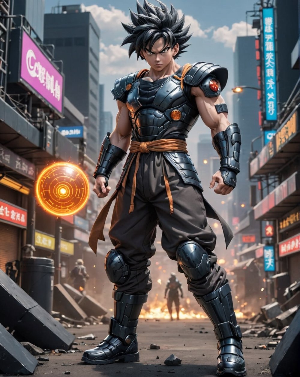 Full_body, Son Goku from the anime Dragon Ball wearing a (((cyber obsidian armour and obsidian boots, background scenery, action_pose, Dynamic Composition, best quality, masterpiece, MikieHara,ABMavatar, anime,cyberpunk style