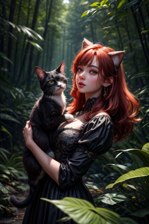 best quality, detailed face, full figure, a half-hybrid girl holding a cat, she has ears like a cat and a tail like a cat, the rest of her body is human, she has beautiful red hair, a beautiful symmetrical face with an innocent cut, she is in the forest, she has beautiful black eyes, wearing a elegant long dress, she is with other animals, glowing particle,
symmetrical, vibrant, style artwork, highly detailed CG, 8k wallpaper, beautiful face, full scene, full body shape