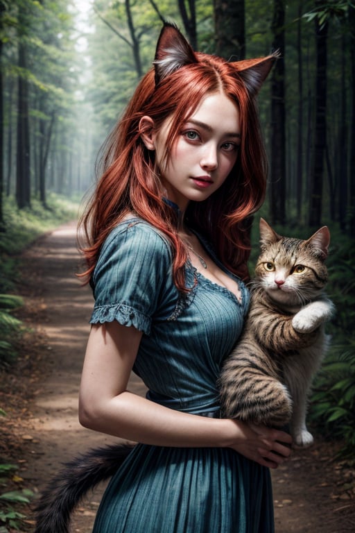 best quality, detailed face, full figure, a half-hybrid girl holding a cat, she has ears like a cat and a tail like a cat, the rest of her body is human, she has beautiful red hair, a beautiful symmetrical face with an innocent cut, she is in the forest, she has beautiful black eyes, she is with other animals, glowing particle,
symmetrical, vibrant, style artwork, highly detailed CG, 8k wallpaper, beautiful face, full scene, full body shape, high_res, blue dress,