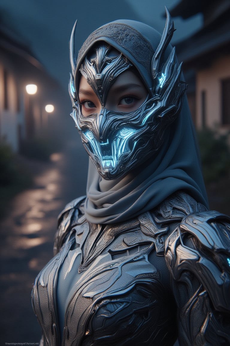 photoultrarealistic, close-up view, looking at viewer, a cybernatic cyborg girl wear intricate shiny white and lite blue cybernatic high tech mouth mask, wearing a cybernatic baju kebaya with armored design, holding a transparent see through glass sword, dynamic pose, standing in the dark night, village road at background, intricate details, ultra-realism details, 32k, Super High definition, Vibrant Colors, Ultra Smooth, ultra-realism, cinematic shot, dreamwave, aesthetic,Cyborg Hijab,FluxBoost,Angelic Knight