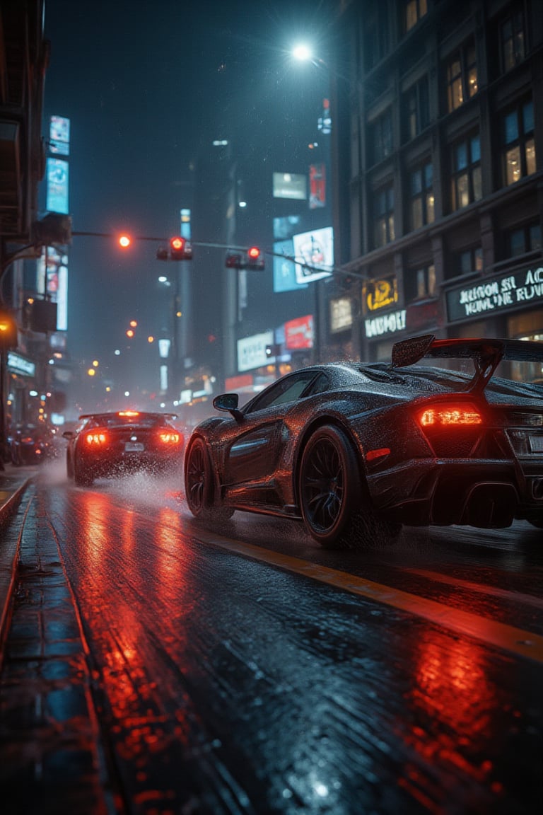 skilled thieves speeds through a bustling city at night in luxury supercars. Skyscrapers with reflective glass blur as the cars drift around corners, tires screeching on the wet streets. The police pursuit behind them intensifies, while neon signs and streetlights cast vivid reflections off the rain-slicked asphalt, giving the entire scene an energetic, high-stakes atmosphere. ground-angle shot,