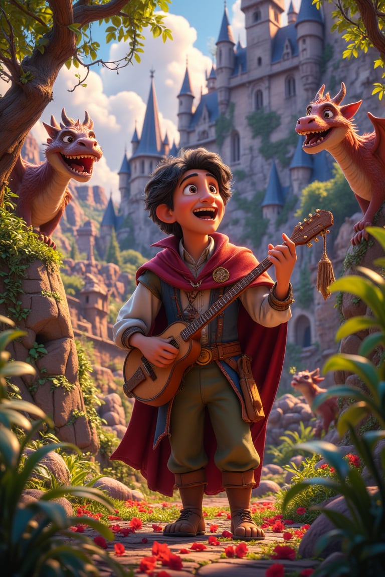 Wandering Minstrel in a Mythical Land: A minstrel with a lute, singing tales of heroism and magic in a land of giants and dragons.