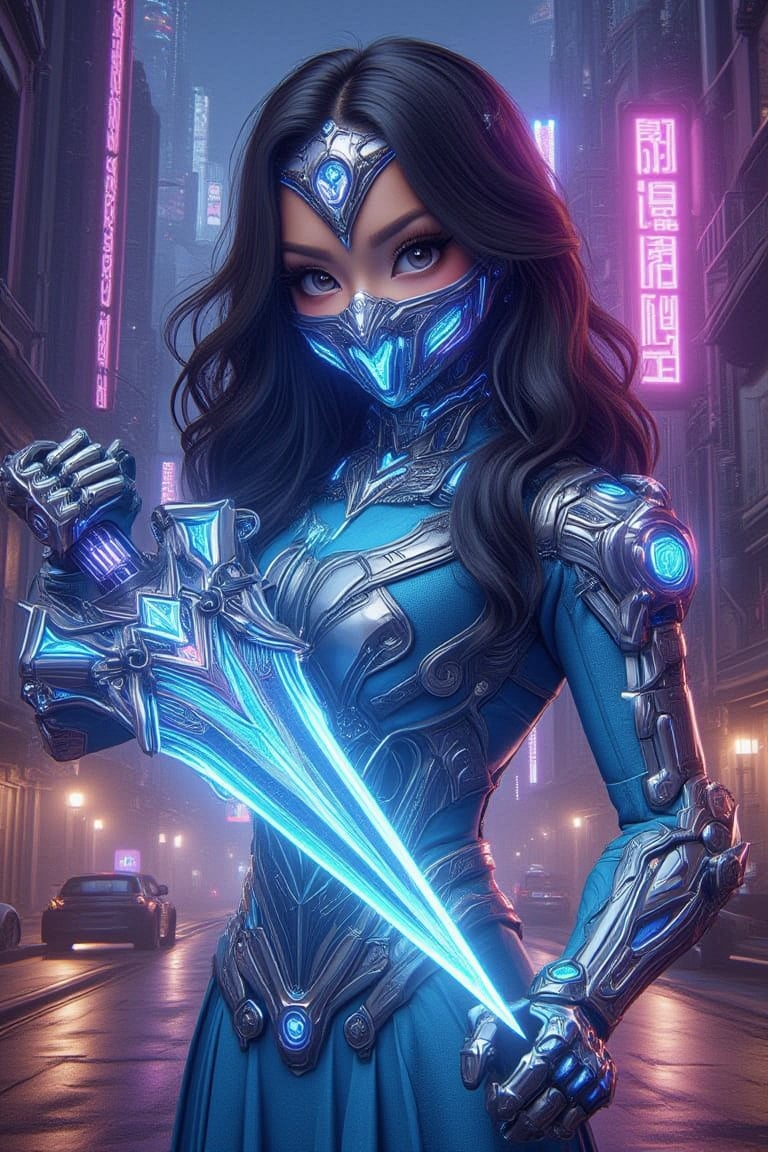 In a vibrant cartoon-style illustration,half_body view of A futuristic cyborg woman, wavy long black hair, donning a modern cyan colour jubah suit with metallic gun metal armor, and mouth mask, with protector headband, stands confidently in a neon-lit cityscape. Her piercing gaze is framed by the glowing lights of towering skyscrapers. In her hand, she wields a massive, an intricate, glowing, shiny light blue and purple cybernetic transparent crystal long sword with an intricate pattern, sleek and long, emitting light,, its facets reflecting the vibrant hues of the urban landscape. The darkened alleys and bustling streets provide a gritty backdrop for this technological warrior's powerful stance.Crystal Sword, Cyborg NH,cartoon art