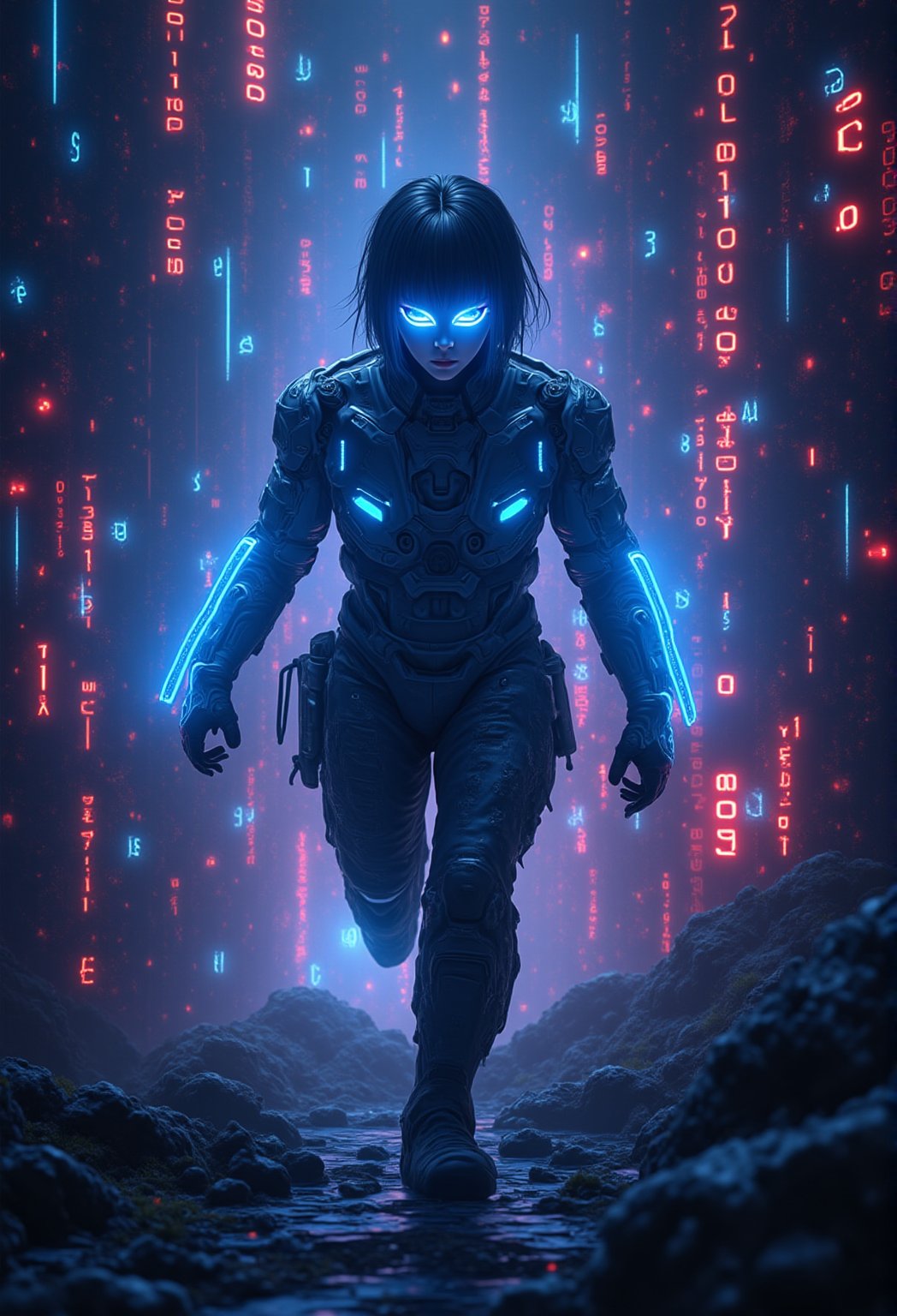 A futuristic anime figure, dressed in neon-lit armor, explores a binary metrix digital world. Framed within a swirling vortex of 1s and 0s, the cyborg's eyes glow bright blue as it navigates through a maze of glitching pixels and distorted holographic projections. The atmospheric lighting blends digital mess with real-world elements, creating a trippy fusion of futuristic cityscapes and abstract art.