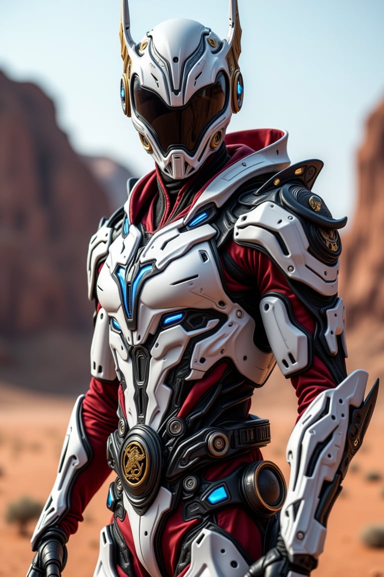 In a breathtaking 8x-UltraSharp upscaling ultra-realism portrait of wide full body image of a male character protagonist, wearing a detailed, apex techwear futuristic half white and red power armor, semi-armored suit, apex high-tech mask helmet, and a sleek belt with a black and gold pegasus emblem, metallic textures, glowing blue highlights, standing heroic against a desert canyon background. intricate details, ultra-realism details, 32k, Super High definition, Vibrant Colors, Ultra Smooth, ultra-realism, cinematic shot, dreamwave, aesthetic,power armor