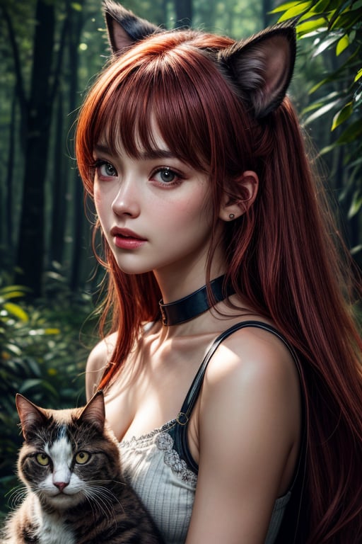 best quality, detailed face, full figure, a half-hybrid girl holding a cat, she has ears like a cat and a tail like a cat, the rest of her body is human, she has beautiful red hair, a beautiful symmetrical face with an innocent cut, she is in the forest, she has beautiful black eyes, she is with other animals, glowing particle,
symmetrical, vibrant, style artwork, highly detailed CG, 8k wallpaper, beautiful face, full scene, full body shape, high_res, closed up,