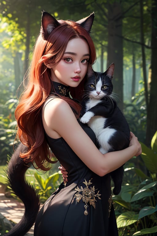 best quality, detailed face, full figure, a half-hybrid girl holding a cat, she has ears like a cat and a tail like a cat, the rest of her body is human, she has beautiful red hair, a beautiful symmetrical face with an innocent cut, she is in the forest, she has beautiful black eyes, wearing a elegant black long dress, she is with other animals, glowing particle,
symmetrical, vibrant, style artwork, highly detailed CG, 8k wallpaper, beautiful face, full scene, full body shape