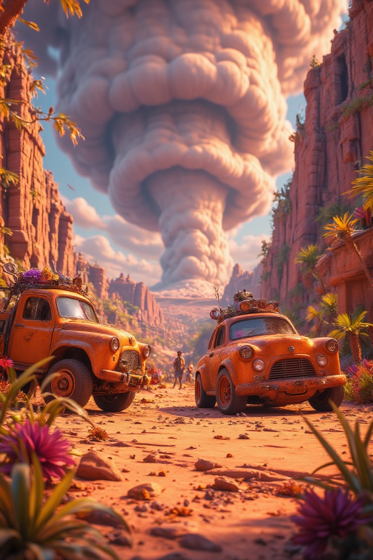 3d vibrant cartoon art Illustrate A post-apocalyptic desert landscape, with rusted vehicles half-buried in the sand, a massive sandstorm approaching in the distance, and survivors scavenging for supplies.