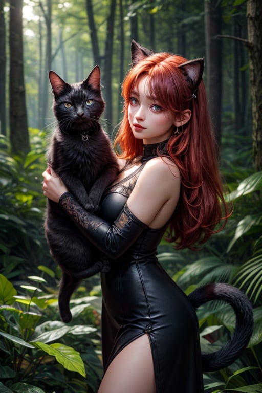 best quality, detailed face, full figure, a half-hybrid girl holding a cat, she has ears like a cat and a tail like a cat, the rest of her body is human, she has beautiful red hair, a beautiful symmetrical face with an innocent cut, she is in the forest, she has beautiful black eyes, wearing a elegant black long dress, she is with other animals, glowing particle,
symmetrical, vibrant, style artwork, highly detailed CG, 8k wallpaper, beautiful face, full scene, full body shape