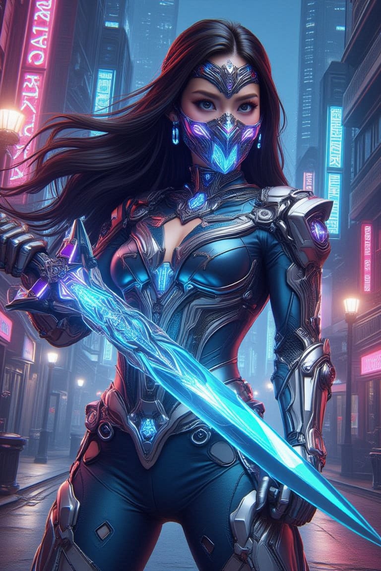 In a vibrant cartoon-style illustration,half_body view of A futuristic cyborg woman, wavy long black hair, donning a modern cyan colour jubah suit with metallic gun metal armor, and mouth mask, with protector headband, stands confidently in a neon-lit cityscape. Her piercing gaze is framed by the glowing lights of towering skyscrapers. In her hand, she wields an intricate, glowing, shiny light blue and purple cybernetic transparent crystal long sword with an intricate pattern, sleek and long, emitting light,, its facets reflecting the vibrant hues of the urban landscape. The darkened alleys and bustling streets provide a gritty backdrop for this technological warrior's powerful stance.Crystal Sword, Cyborg NH,cartoon art