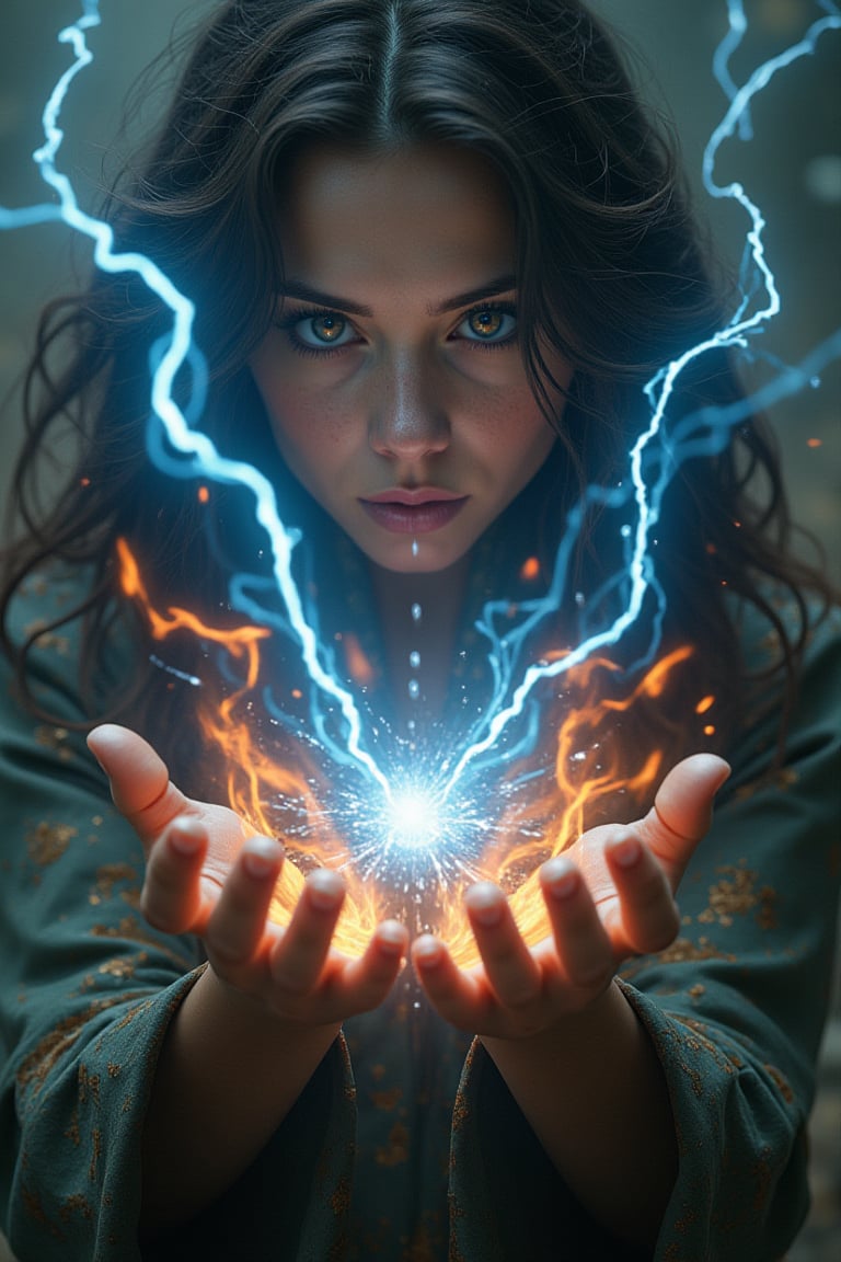 A sorceress's hands crackle with electric blue sparks as she harnesses elemental forces in an ultra-realistic close-up. Whipping winds swirl around her, whipping hair into a frenzy. Fiery red flames dance on her fingertips, while earthy brown tones beneath hint at ancient magic. Water droplets glisten on her skin, reflecting the tempest's fury. In this 10x RF-boosted epic fantasy artwork, the sorceress's eyes gleam with intense concentration as she commands the elements to bend to her will.