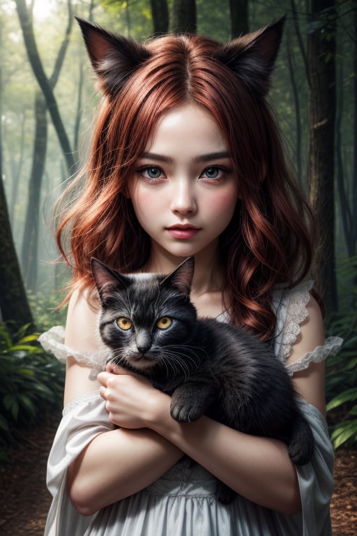 best quality, detailed face, full figure, a half-hybrid girl holding a cat, she has ears like a cat and a tail like a cat, the rest of her body is human, she has beautiful red hair, a beautiful symmetrical face with an innocent cut, she is in the forest, she has beautiful black eyes, she is with other animals, glowing particle,
symmetrical, vibrant, style artwork, highly detailed CG, 8k wallpaper, beautiful face, full scene, full body shape, high_res, blue and white dress,