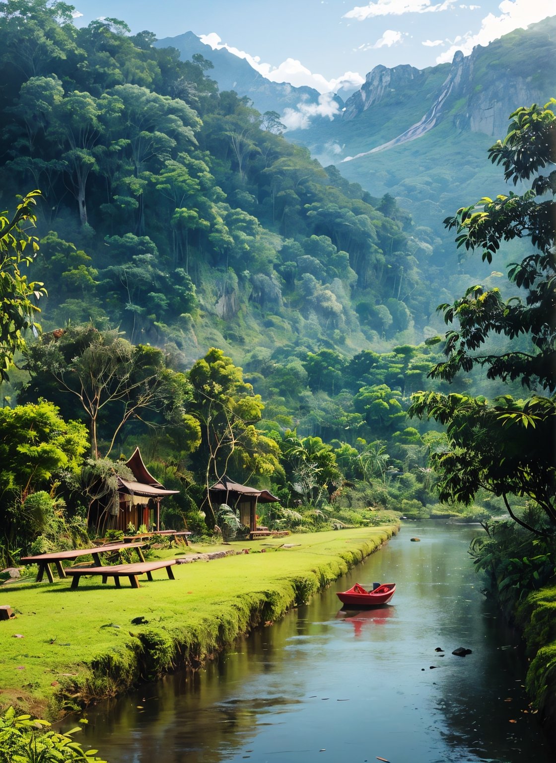 ilustrasi gambar, suasana berangin, di kejauhan tersergam gunung yg tinggi, tasik yg luas, telah definisi yang sangat terperinci, ultra tinggi, resolusi tinggi, (karya agung),