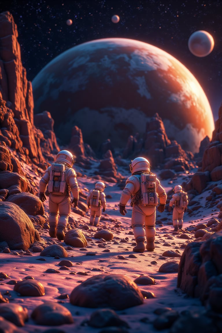 A breathtaking, extreme close-up captures the precision landing of a spacecraft on a barren moon's rugged surface (1.2). Towering craters stretch towards the horizon, while a gargantuan gas giant dominates the inky black sky above. The astronauts' spacesuits glisten with a soft, ethereal light, reflecting the distant planet's eerie glow.