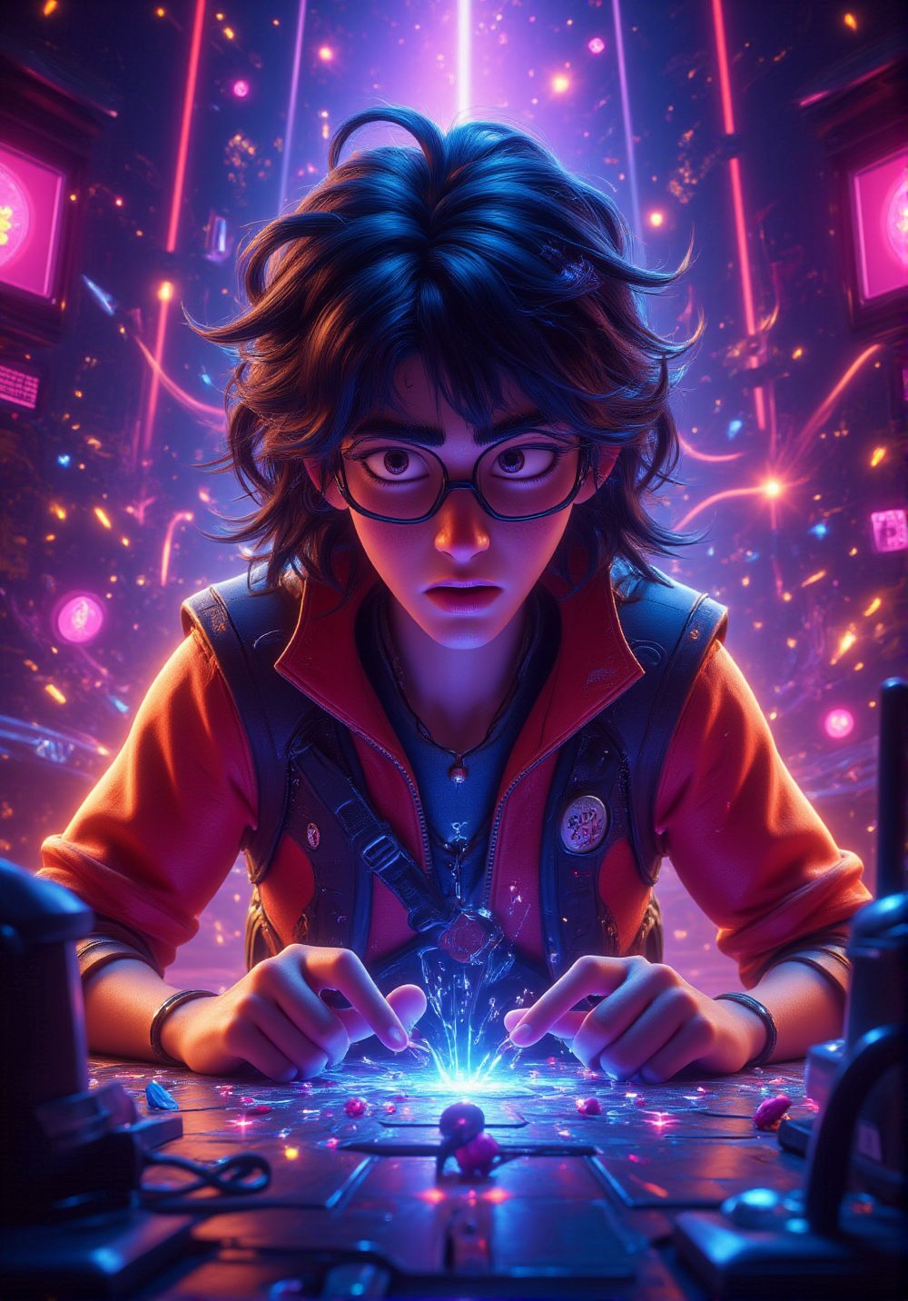 3d vibrant cartoon art Illustrate A cyberpunk hacker, in neon-drenched clothing, surrounded by holographic screens and glowing data streams, hacking into a corporate system.