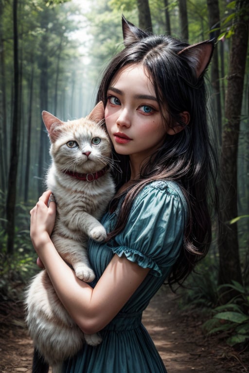 best quality, detailed face, full figure, a half-hybrid girl holding a cat, she has ears like a cat and a tail like a cat, the rest of her body is human, she has beautiful black hair, a beautiful symmetrical face with an innocent cut, she is in the forest, she has beautiful blue eyes, she is with other animals, glowing particle,
symmetrical, vibrant, style artwork, highly detailed CG, 8k wallpaper, beautiful face, full scene, full body shape, high_res, blue dress,