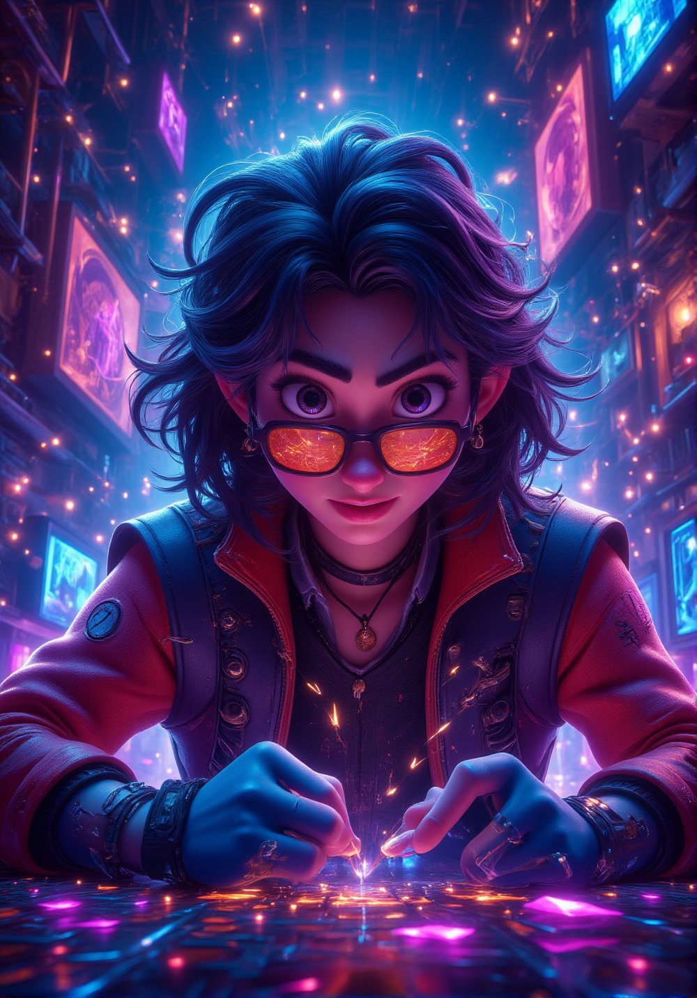 3d vibrant cartoon art Illustrate A cyberpunk hacker, in neon-drenched clothing, surrounded by holographic screens and glowing data streams, hacking into a corporate system.