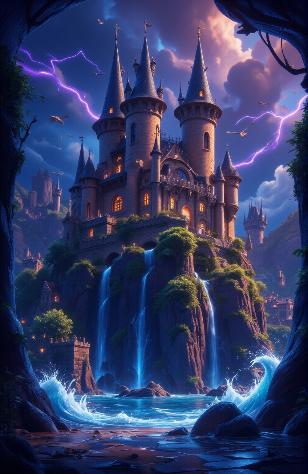 3d vibrant cartoon art Illustrate An ancient castle perched on a rocky cliff, overlooking a stormy ocean, with crashing waves and lightning illuminating the scene in a dark, atmospheric setting.