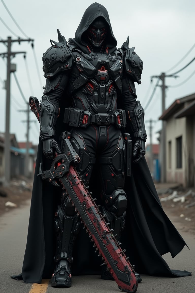 A dark , imposing figure clad in a black, hooded cloak stands in a dystopian urban environment, (((wielding an enormous, highly detailed mechanical massive chainsaw-like sword with red accents covered in intricate mechanical parts, gears, and spikes, giving it a menacing appearance))). (((The figure's face is obscured by the hood))), adding to the mysterious and intimidating presence. The background features dilapidated buildings and power lines, under a gray, overcast sky, enhancing the bleak and industrial atmosphere of the scene. The overall image exudes a sense of power, danger, and post-apocalyptic readiness. ultra-realistic, ultra-detailed,
,F-GVA Armour Suit