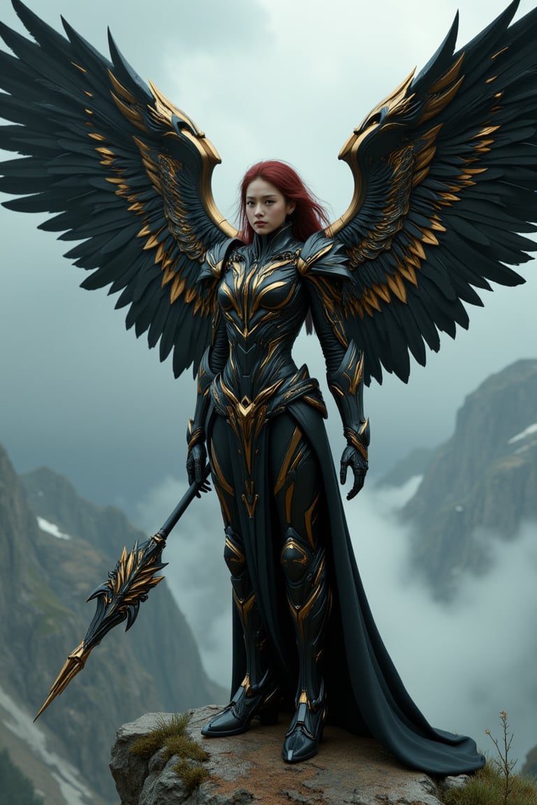 full_body, a young beautiful girl wear a VALKYRIE archangel armored suit, standing cofidently on top of mountain cliff, her (((large, intricately high-tech mecha feathered metal wings))) spread wide as if shielding the viewer from the turbulent weather. The archangel's armor glints with an oil-painted sheen, its intricate details and folds expertly rendered in shades of metallic black carbon fibre and gold steel. (((holding a huge black and gold intricate magic wand))). Her piercing gaze, dark red hair, seems to defy the raging storm, as if calling forth a mighty reckoning.hyperrealism, realistic portrait, photography, true color, subtle lighting, cinematography, Canon EOS R5, RF 85mm, ISO 300, vibrant color, more real realistic, volumetric clear intricate hyper details, volumetric clear texture, clear HD background, ultra HD realistic resolution, realistic shadow, epic fantasy character art, movie still, dramatic shadow, analogue diffusion style, CGSociety, Unreal Engine, Blender rendering, game cinematic, no smoke, mist, or fog, remove blur and noise, Angelic Knight