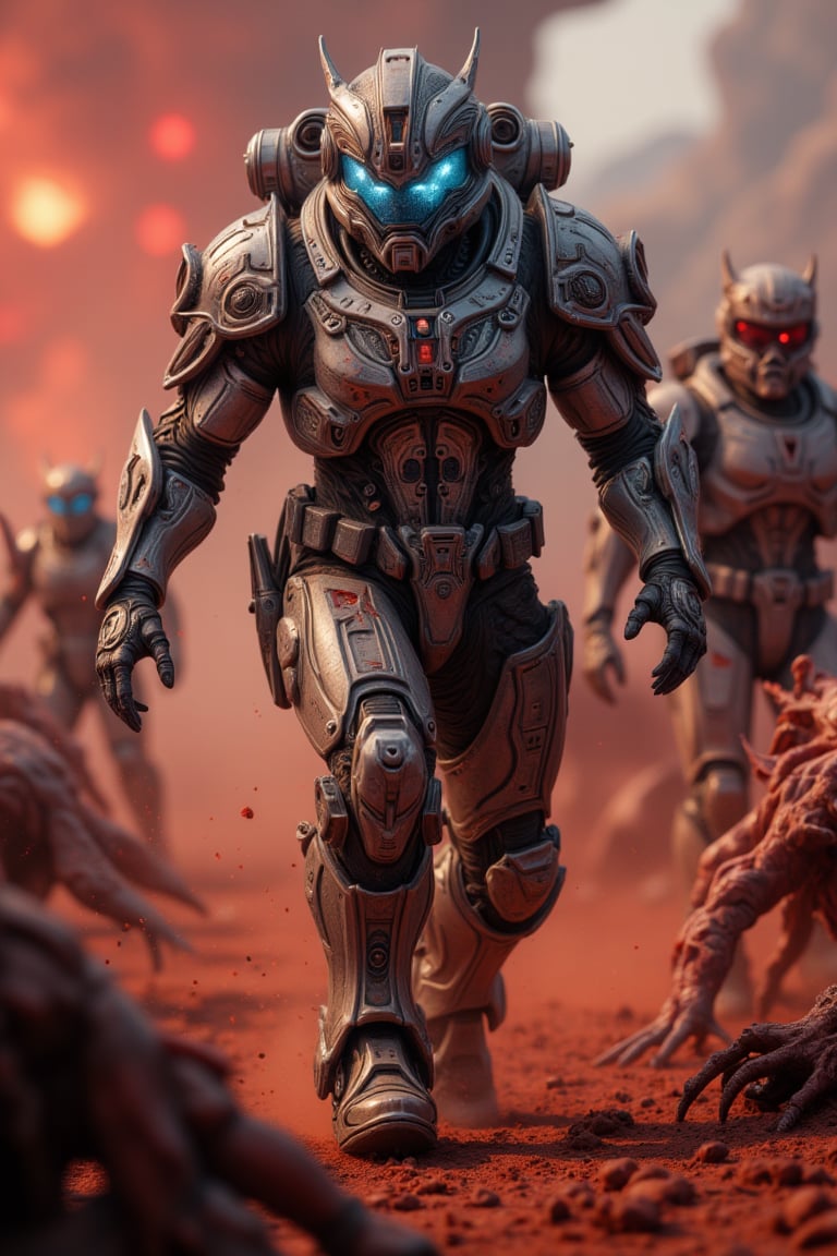 A space marine warrior clad in gleaming power armor, its cerulean visor aglow with tactical data, charges forward amidst the crimson-hued haze of an alien battleground. The rust-red soil beneath is scarred by the scuttling creatures' twisted forms as they writhe in agony, their darkened eyes fixed on the unwavering marine's unyielding determination to vanquish the extraterrestrial threat.