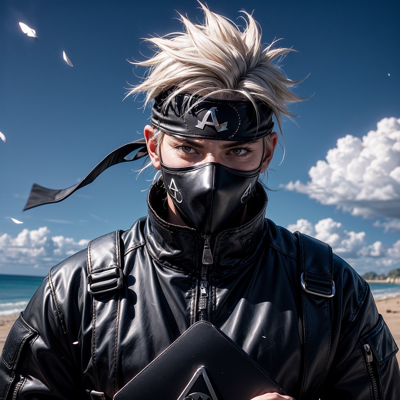 (masterpiece), 1man, spiky hair, white hair, wearing bodyfit tactical ninja flak jacket, leather tactical ninja full mouth mask, leather gloves, and his (((tactical headband with a letter ("A") symbol))), scenery, (at beach background), flying flowers petals, sparkle, Kakashi Hatake