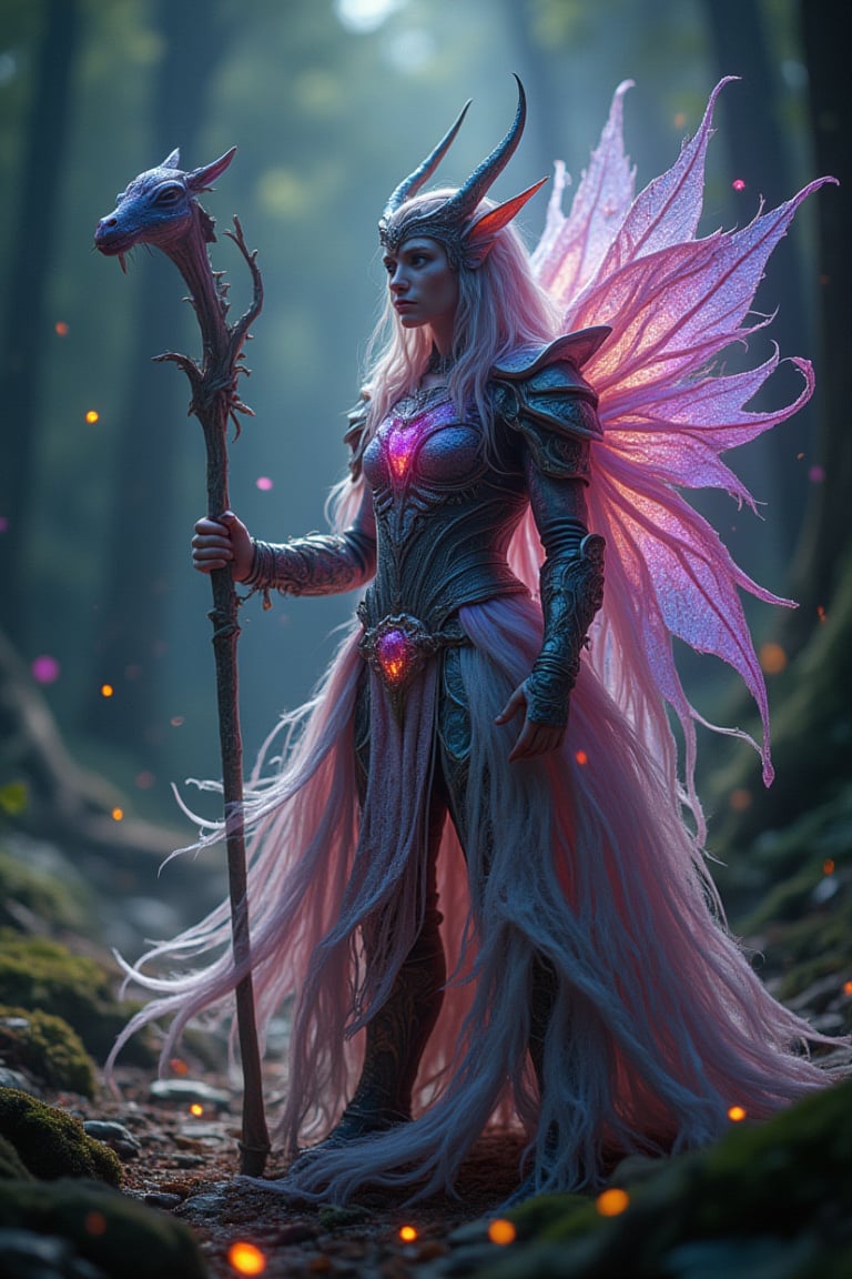 A majestic mystical elf warrior stands tall amidst a vibrant, luminous forest, donning radiant, enchanted armor that shines like moonlit mist. Dazzling, iridescent hues dance across her attire as ethereal creatures - wispy sprites, gossamer winged horses, and shimmering fireflies - swirl around her in mesmerizing symphony.,FluxBoost