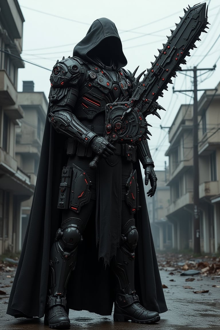 A dark , imposing figure clad in a black, hooded cloak stands in a dystopian urban environment, (((wielding an enormous, highly detailed mechanical massive chainsaw-like sword with red accents covered in intricate mechanical parts, gears, and spikes, giving it a menacing appearance))). (((The figure's face is obscured by the hood))), adding to the mysterious and intimidating presence. The background features dilapidated buildings and power lines, under a gray, overcast sky, enhancing the bleak and industrial atmosphere of the scene. The overall image exudes a sense of power, danger, and post-apocalyptic readiness. ultra-realistic, ultra-detailed,
,F-GVA Armour Suit