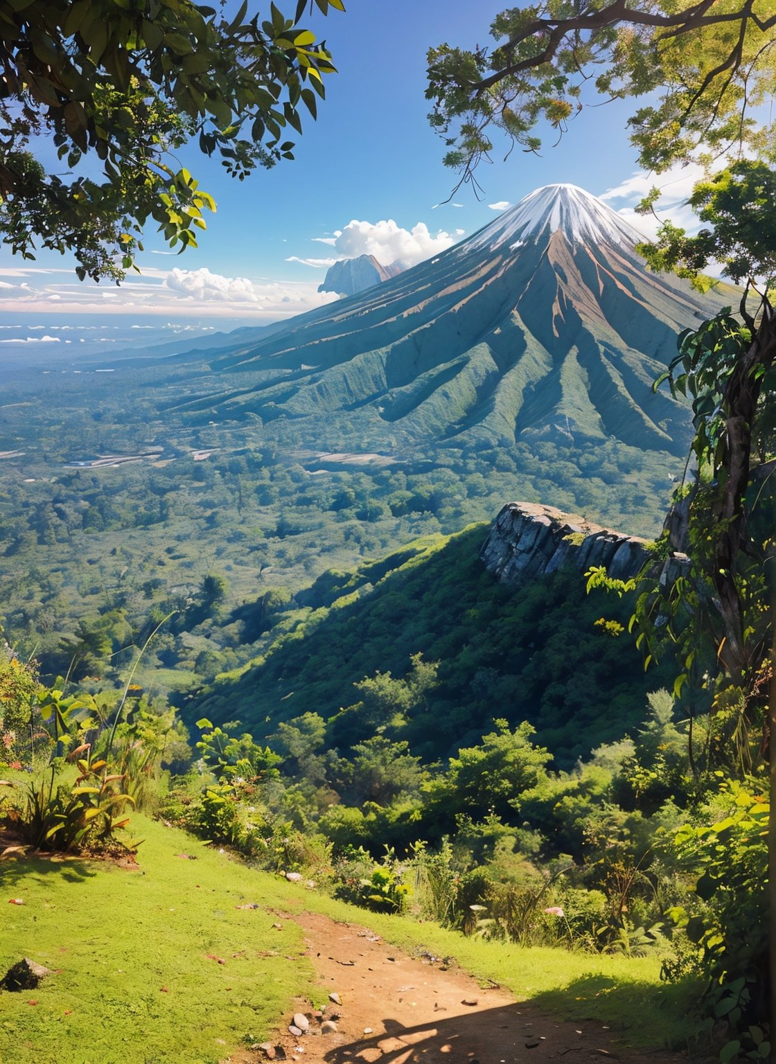 ilustrasi gambar, suasana berangin, di kejauhan tersergam gunung yg tinggi, telah definisi yang sangat terperinci, ultra tinggi, resolusi tinggi, (karya agung),