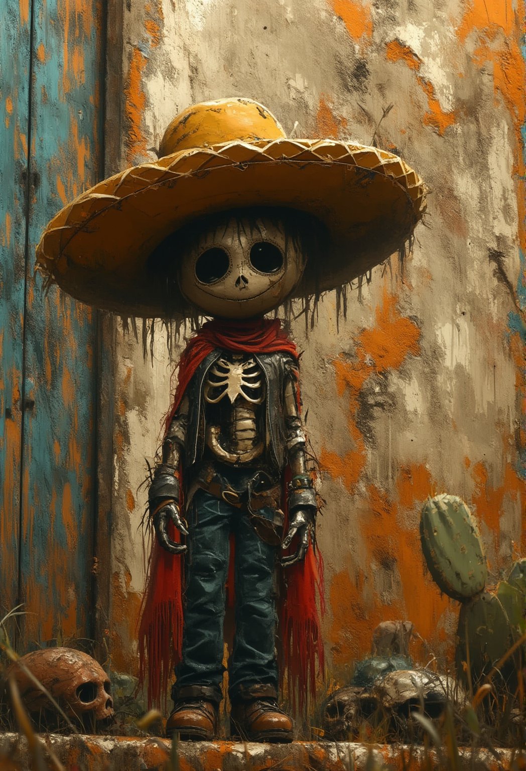 Image is a digital artwork featuring a stylized skeleton character standing in a desert-like environment. The character has a large, round skull with exaggerated, hollow eye sockets and a stitched mouth, giving it a cartoonish yet eerie appearance. It wears a wide-brimmed, tattered straw hat and a red, fringed scarf draped around its neck. The skeleton is dressed in a patchwork outfit with a leather vest and blue pants, adorned with various metallic and fabric textures. The background is a textured wall with peeling paint in shades of orange, beige, and blue, adding a rustic feel. Cacti and several other skulls are scattered around the character's feet, enhancing the desert theme. The overall color palette is earthy with pops of red and blue, creating a vivid and atmospheric scene.justart01