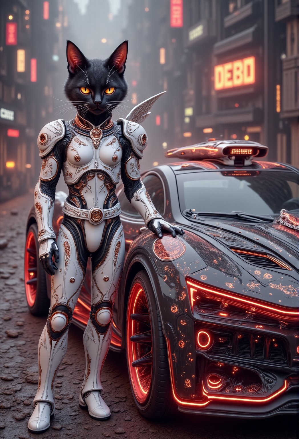 A sleek anthropomorphic black cat stands confidently beside a high-tech armored car, adorned with intricate patterns and vibrant red neon accents, against the backdrop of an otherworldly cityscape. The cat's ears perk up as he proudly wears an elaborate white porcelain armor suit, juxtaposed against the dark bronze hues of the urban landscape. The futuristic car's glossy black body seems to absorb the dim light, while the surrounding cityscape glows with a soft, ethereal luminescence.Anime 3D CGI-ABM,Hightech Car