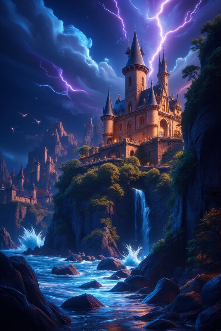 3d vibrant cartoon art Illustrate An ancient castle perched on a rocky cliff, overlooking a stormy ocean, with crashing waves and lightning illuminating the scene in a dark, atmospheric setting.