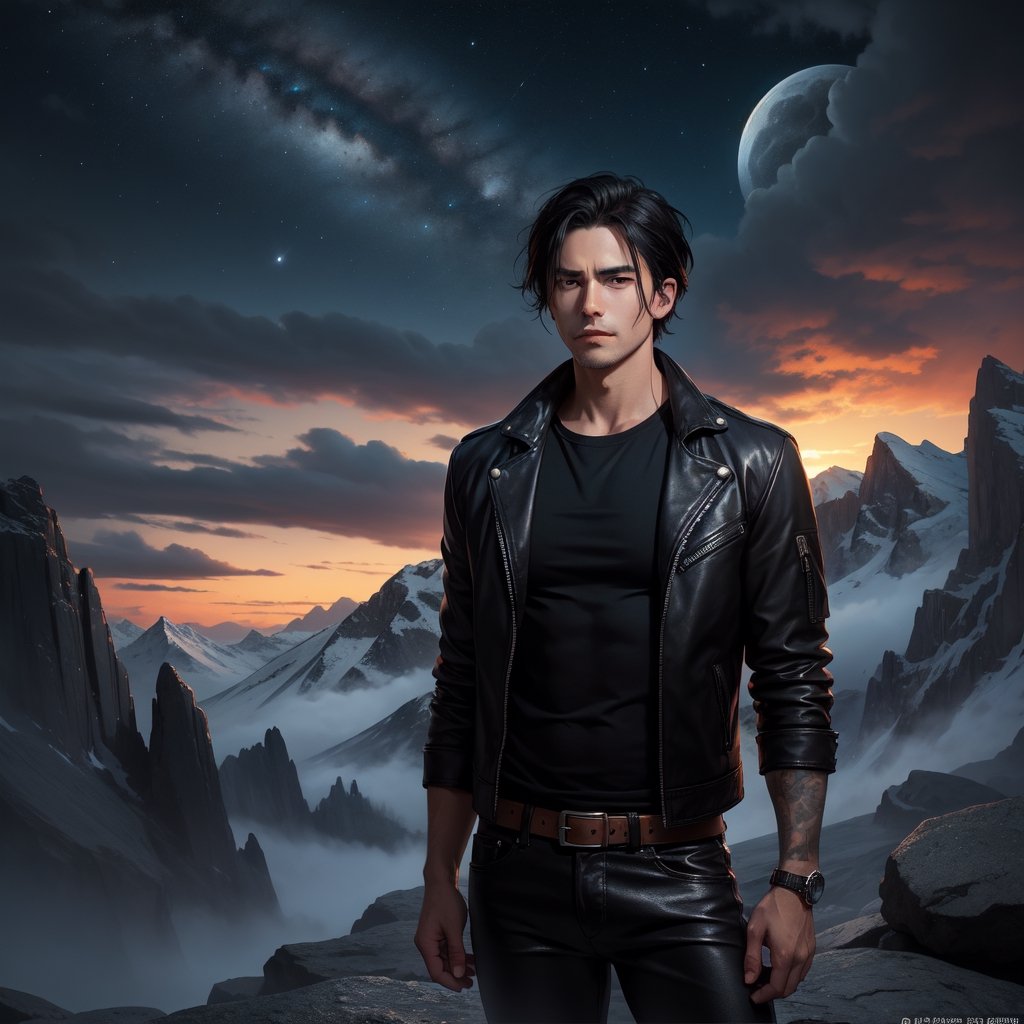 (masterpiece, best quality: 1.4), guy with black hair, 40 years old, Tousled Wolf-Cut hair style, muscle man, bow down face standing on top of mountain, looking far away, unforgiven face, fantasy art, black leather jacket, black shirt, leather pant, male metal rocker picture, eren yeager, detailed anime character art, dark, night_sky, midnight, unforgiven vibe,