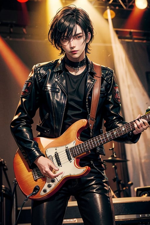 hansome 👨🎸, metal rockers, leather pants, leather jacket, black-hair, stage background,