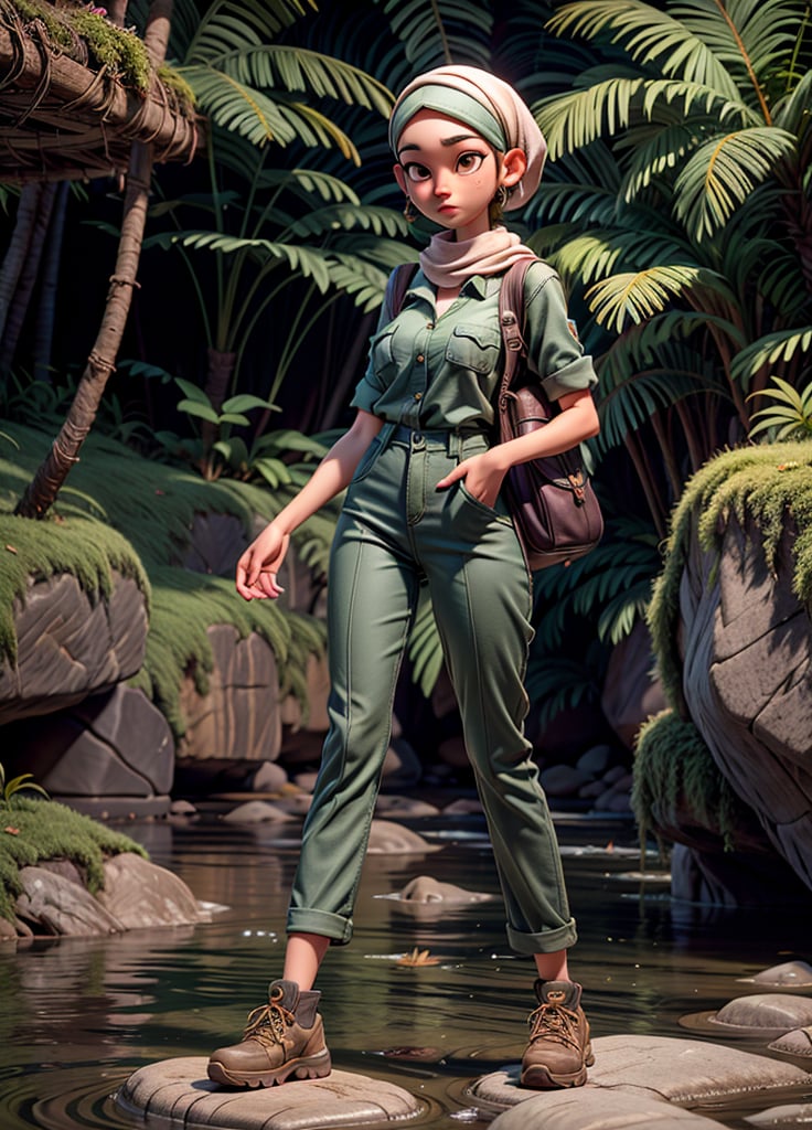 adult women, 1girl, jungle tracking, bag, mossy jungle, jungle tracking clothing, long pant, tuck in shirt, hijab, river with rock, 3DMM, high_resolution, perfectface,